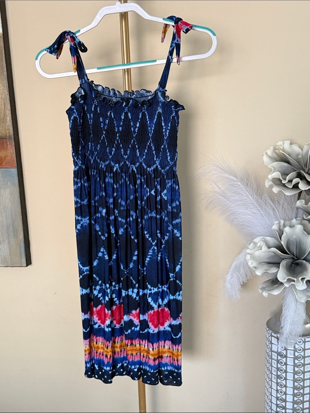 Source Unknown Navy Tie-Dye Midi Dress with Pink & Orange Accents